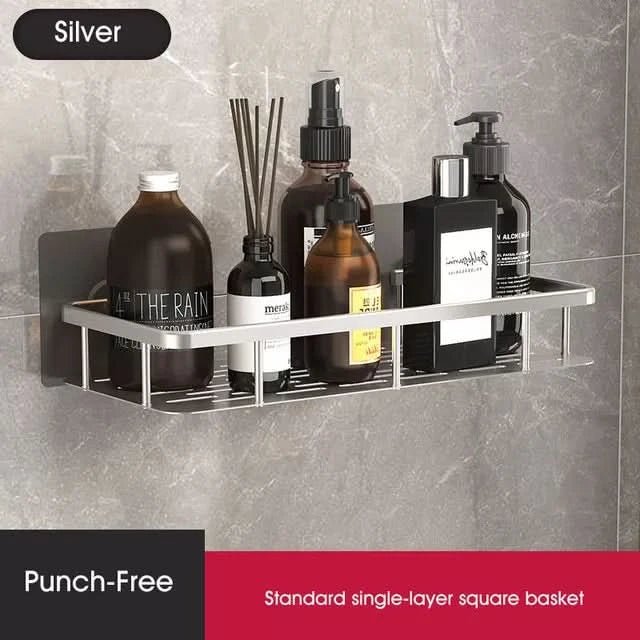 Accesorio de baño moderno, estantería adhesiva para pared. Ducha organizada sin taladros, diseño elegante.