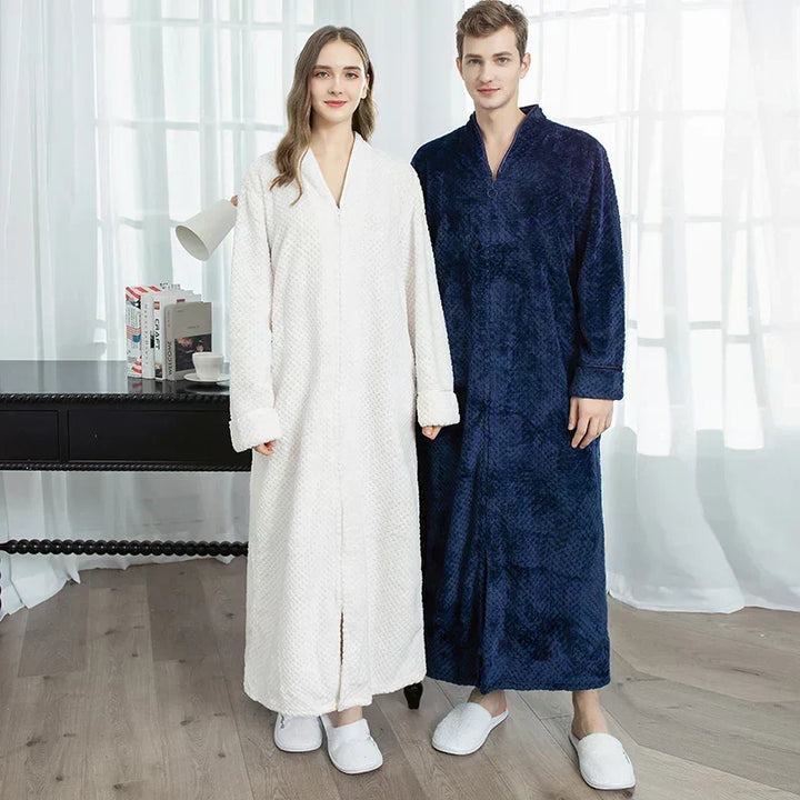 Bata de invierno cálida y larga, unisex, con prácticos bolsillos para el hogar.