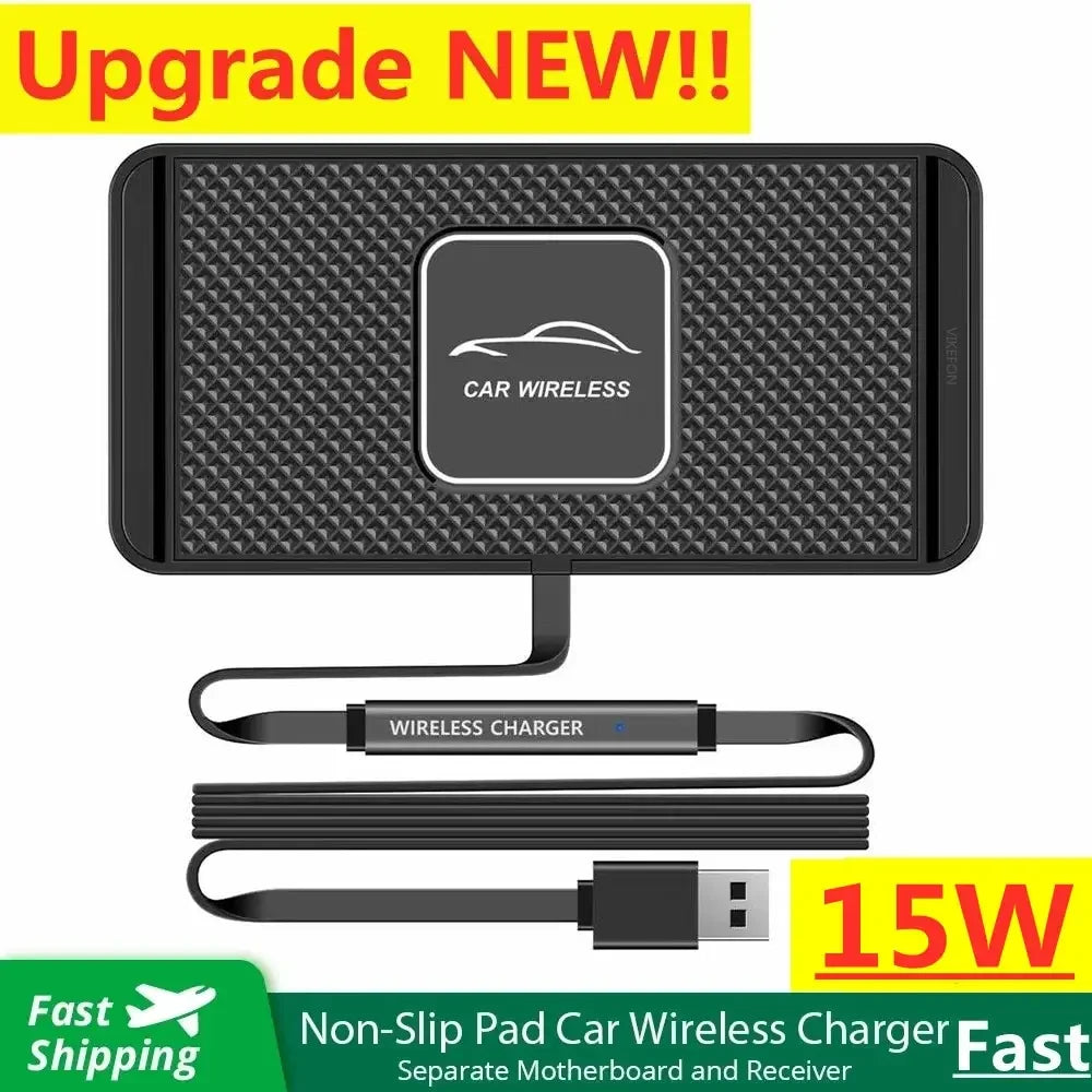 Cargador inalámbrico 15W ultradelgado, negro, con superficie antideslizante. Ideal para carga rápida de móvil.
