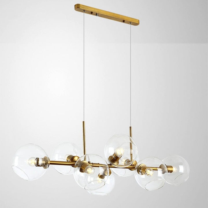 Chandelier artístico, burbujas LED, estructura negra y detalles dorados, arte funcional.
