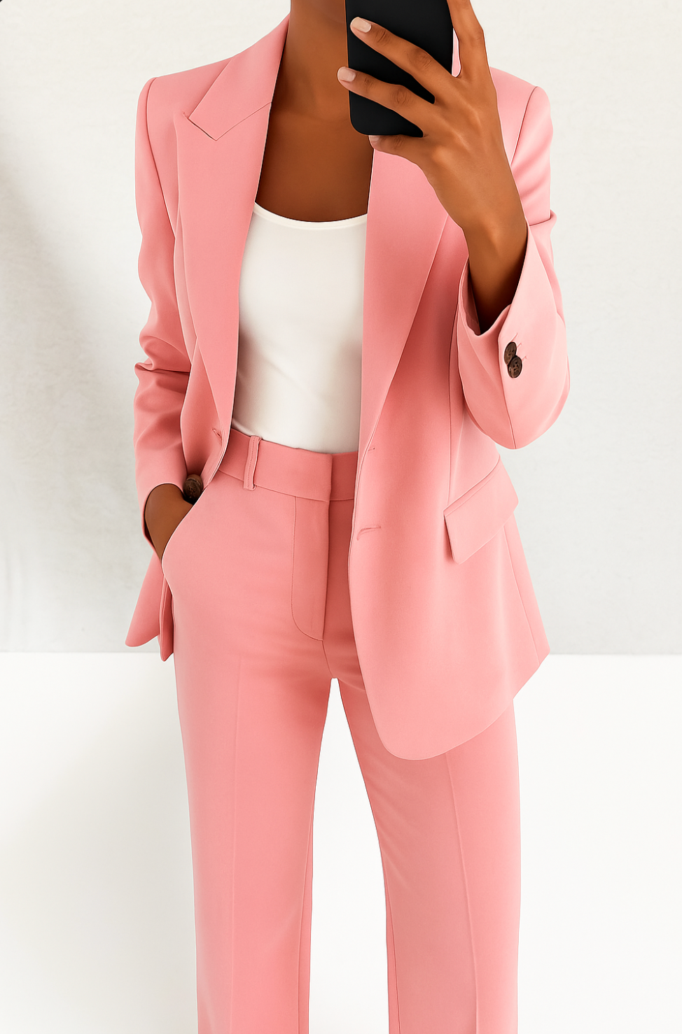 Moderno conjunto sastre clásico para mujer, blazer y pantalón. Moda femenina elegante y profesional.