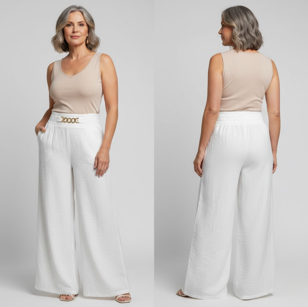 Pantalón ancho tiro alto moldeador mujer. Elegancia y comodidad en moda casual versátil.