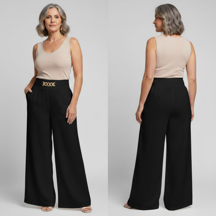 Pantalones mujer pierna ancha y tiro alto. Estilo femenino elegante, cómodo para outfit diario.