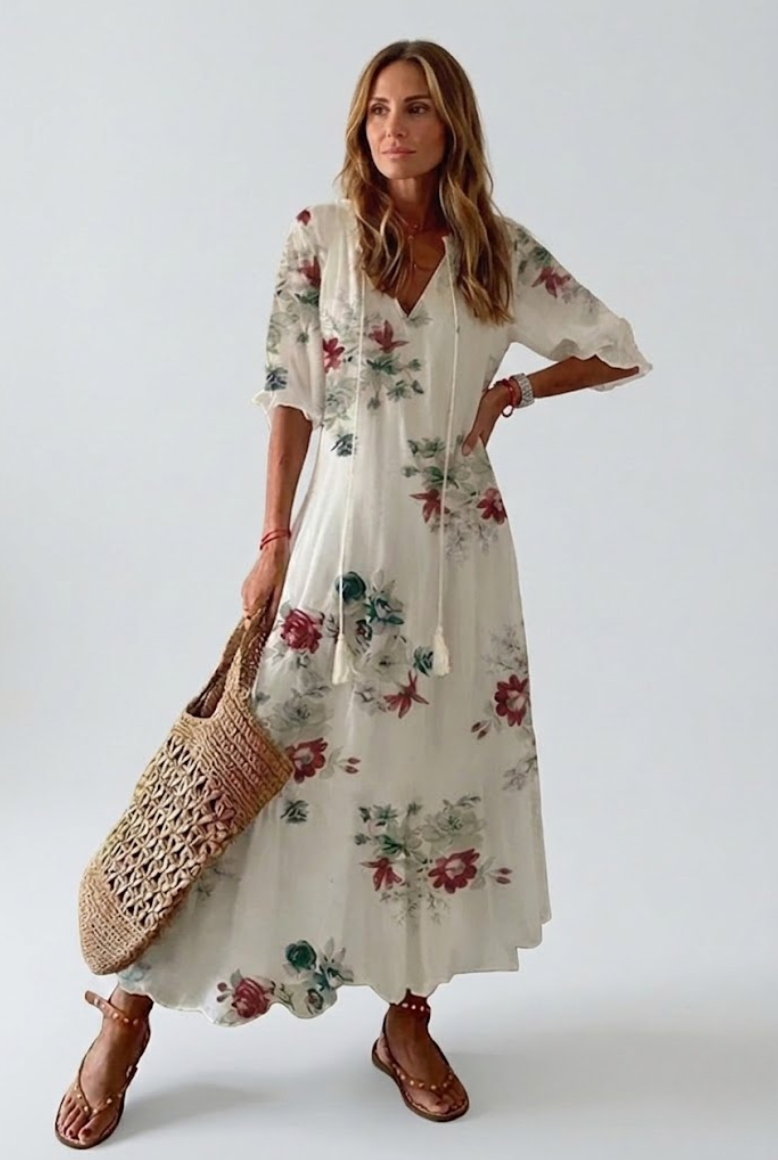 Vestido maxi floral elegante para mujer, estampado vibrante, corte fluido y cómodo para verano.