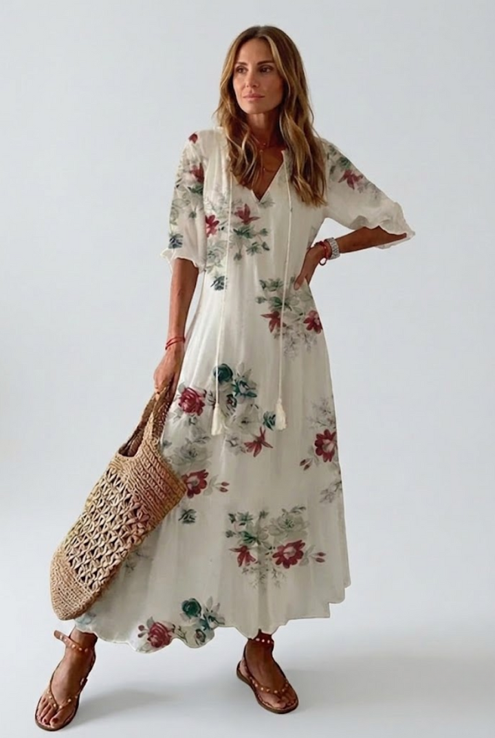 Vestido maxi floral elegante para mujer, estampado vibrante, corte fluido y cómodo para verano.