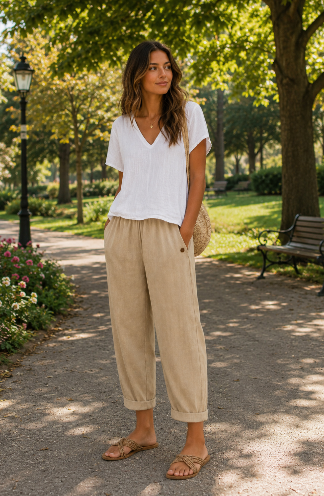 Pantalones de lino femeninos de cintura elástica, cómodos y frescos. Perfectos para un look casual de verano.