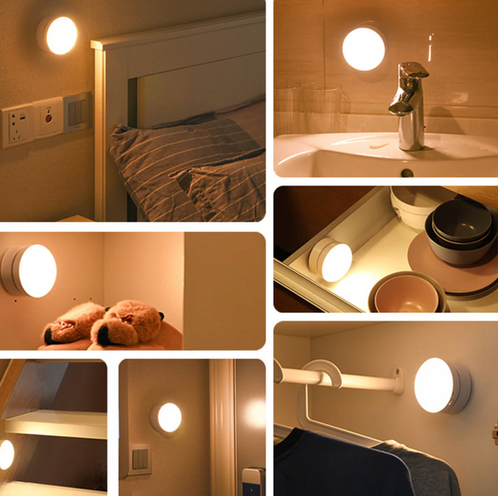 Luz de pared LED 360° con sensor de movimiento, ideal para espacios interiores.