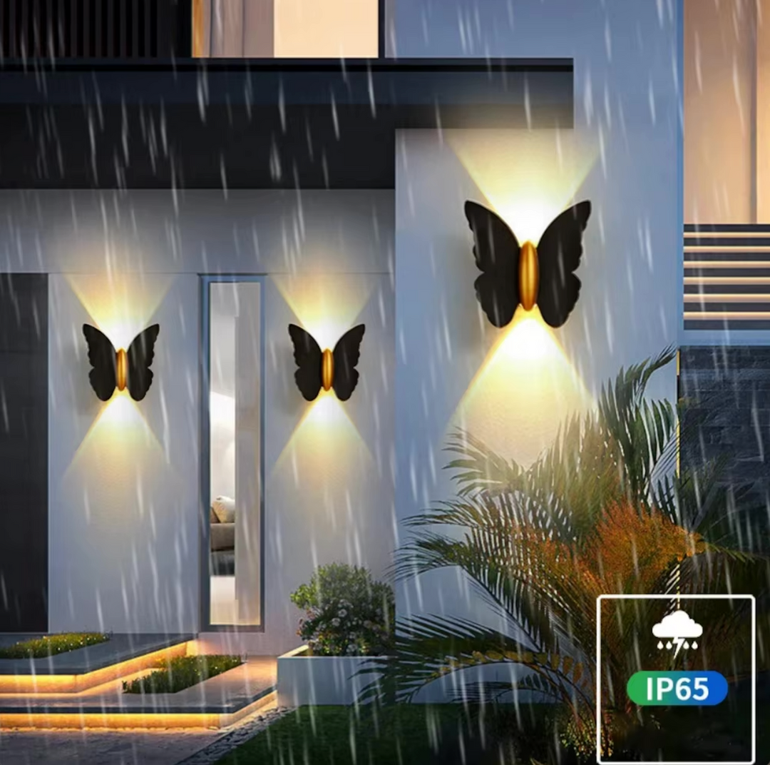 Lámpara de pared LED exterior mariposa de aluminio, estilo contemporáneo, luz cálida para jardín.
