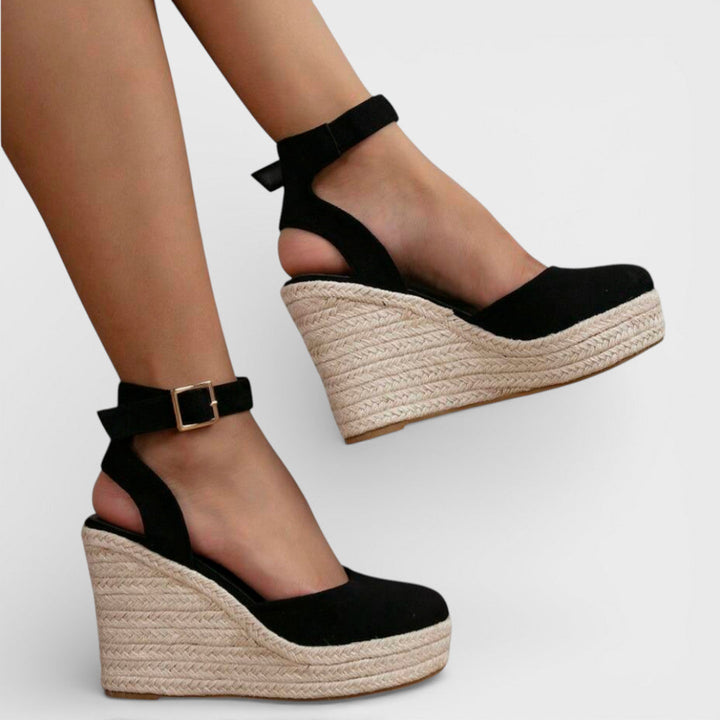 Sandalias de plataforma con cuña tejida y correa al tobillo, moda casual y fiesta para mujer.