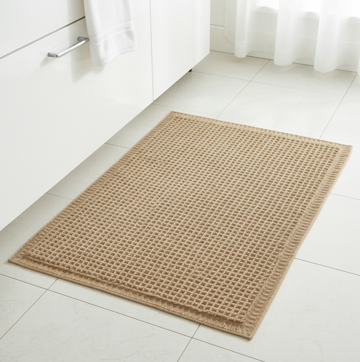 Alfombra de baño de microfibra con borlas. Diseño waffle moderno, super absorbente y lavable.