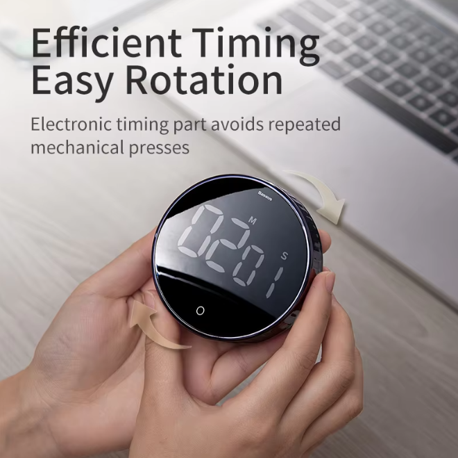 Temporizador digital de cocina con alta precisión, cuenta regresiva y alarma sonora ajustable.