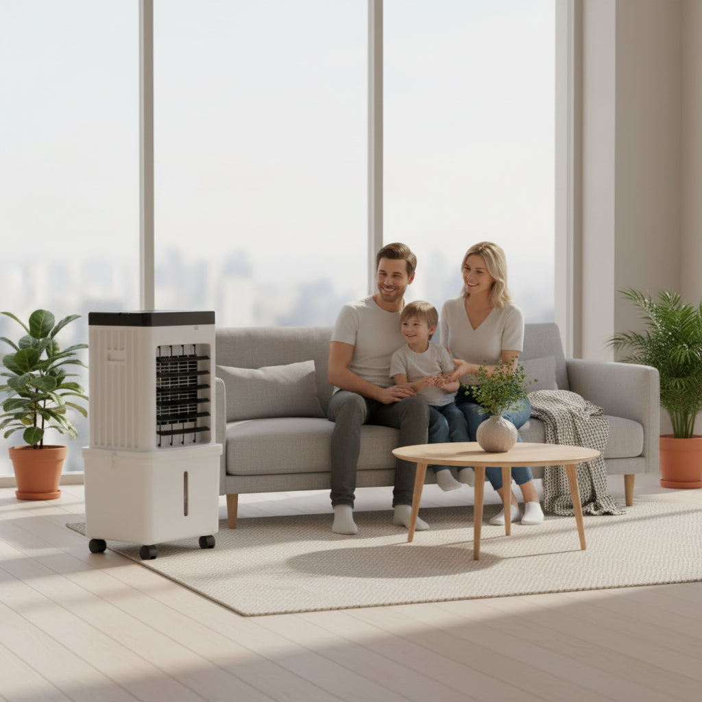Climatizador portátil de aire fresco para verano. Ventilador y humidificador para hogar.