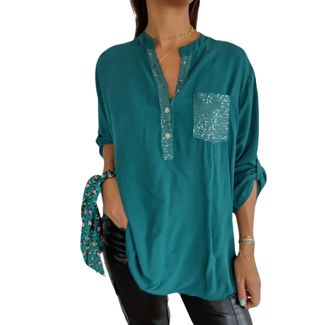 Blusa casual mujer, lentejuelas y botones para un estilo brillante y elegante día a día.