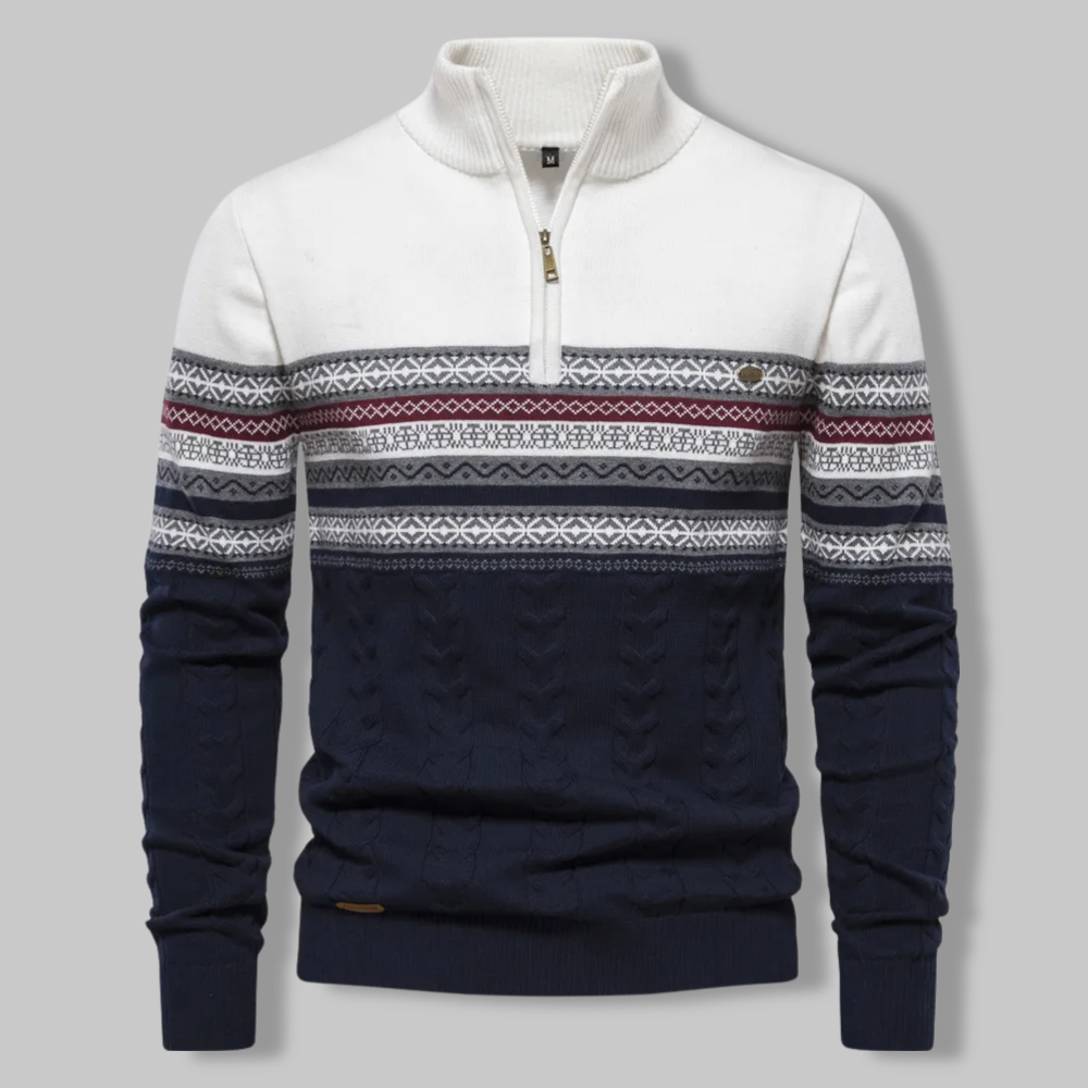 Suéter noruego de hombre con cremallera cuarto para invierno. Tejido de punto cálido, ideal para moda masculina casual.