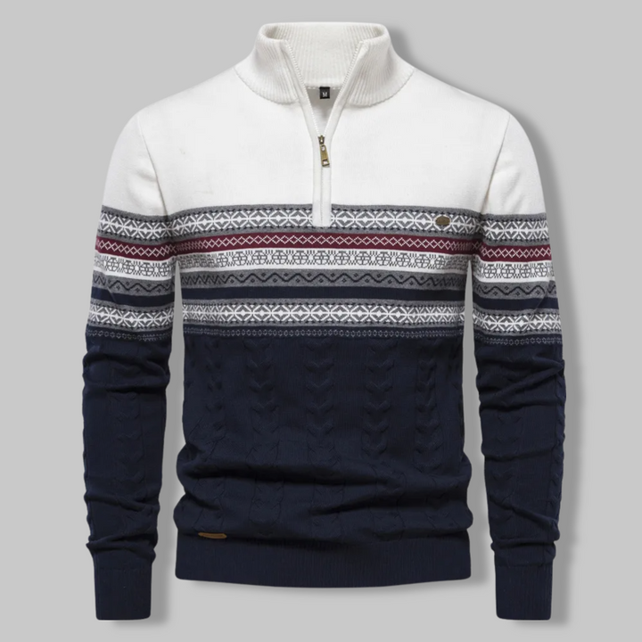 Suéter noruego de hombre con cremallera cuarto para invierno. Tejido de punto cálido, ideal para moda masculina casual.