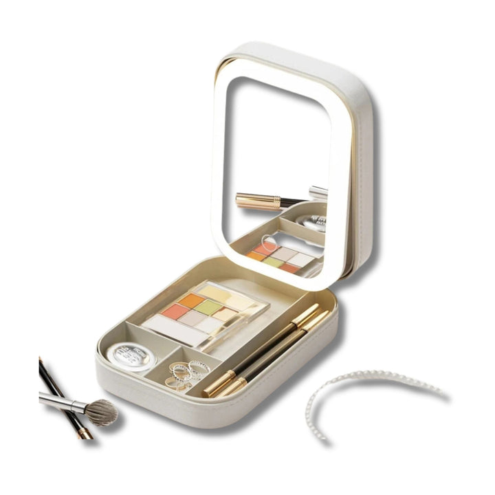 Neceser de maquillaje LED portátil para mujeres con espejo iluminado. Organizador de cosméticos de viaje.