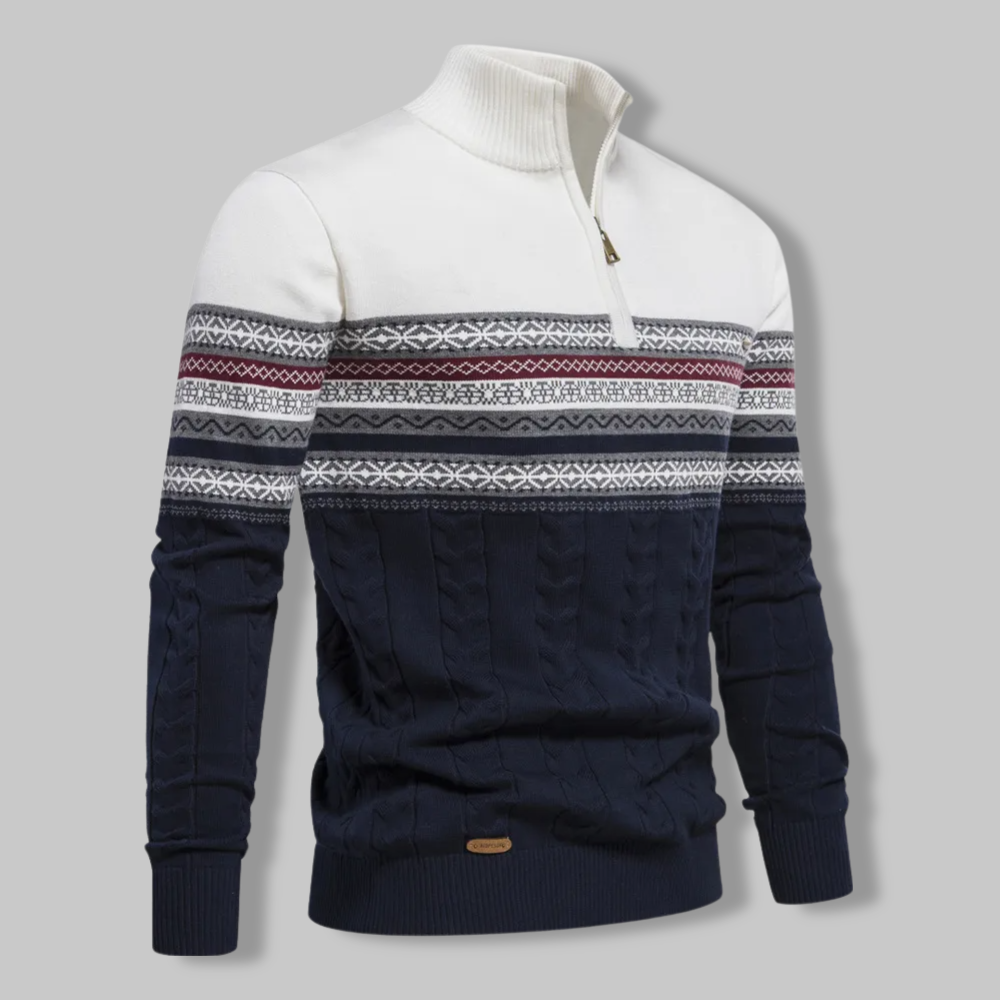 Suéter de punto noruego para hombre con cremallera. Diseño escandinavo casual, perfecto para ropa de invierno cálida.