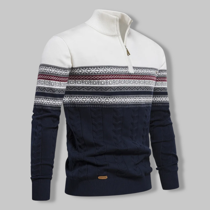 Suéter de punto noruego para hombre con cremallera. Diseño escandinavo casual, perfecto para ropa de invierno cálida.