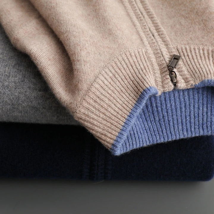 Cárdigan hombre de punto con cremallera, cuello alto. Abrigo versátil de moda para otoño e invierno.
