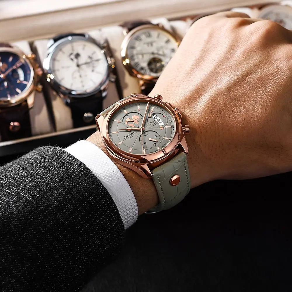 Reloj analógico para hombre. Cronógrafo con correa de cuero, combina estilo casual y elegante. Accesorio de moda.