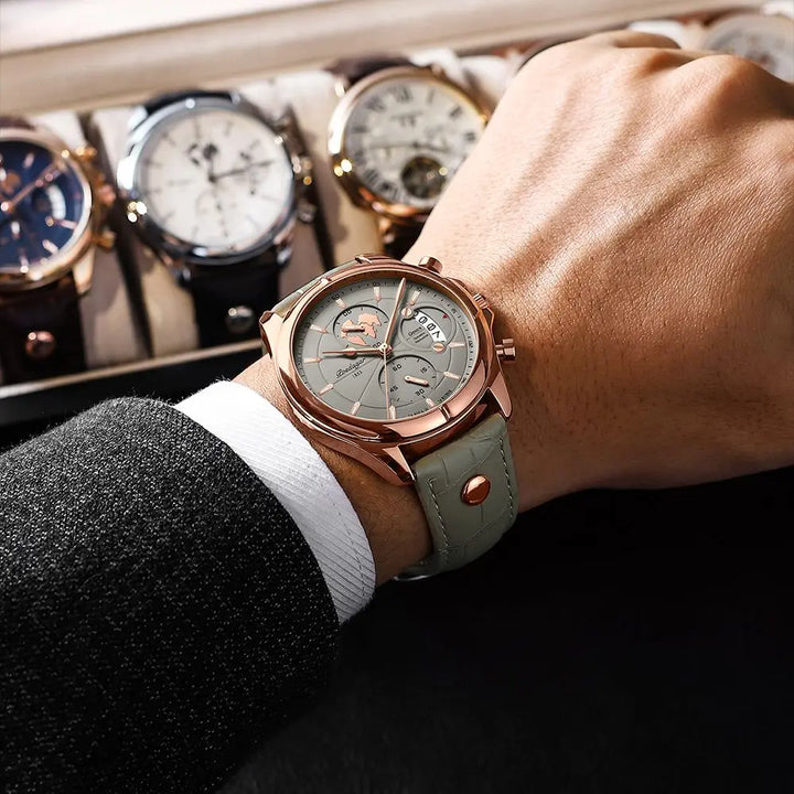 Reloj analógico para hombre. Cronógrafo con correa de cuero, combina estilo casual y elegante. Accesorio de moda.