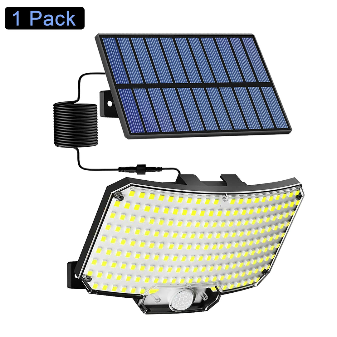 Luz solar LED exterior con sensor de movimiento, control remoto y diseño impermeable para seguridad en el hogar.