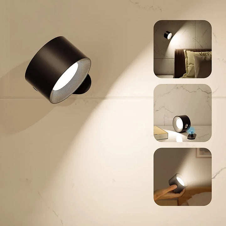 Lámpara LED inalámbrica regulable para pared, spotlight recargable con rotación 360° y diseño moderno.