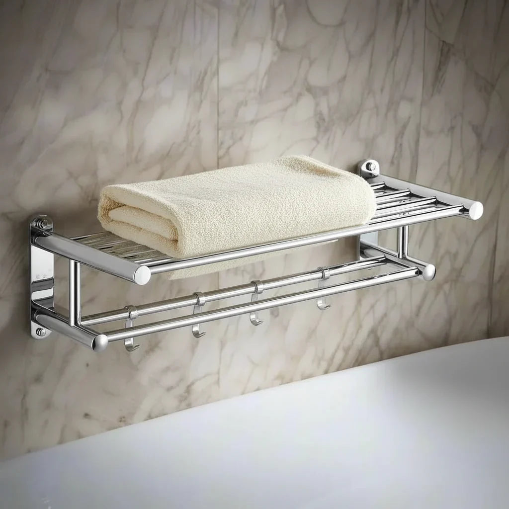 Elegante soporte toalla STEELRACK de acero inoxidable, ideal para organizar toallas en el baño.
