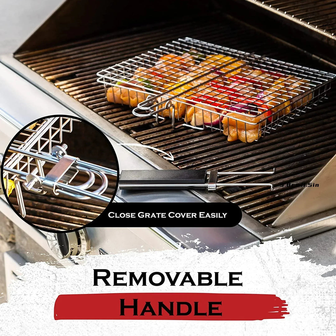 Canasta de parrilla plegable, ideal para camping y cocina exterior. Disfruta de asados antiadherentes en cualquier lugar.