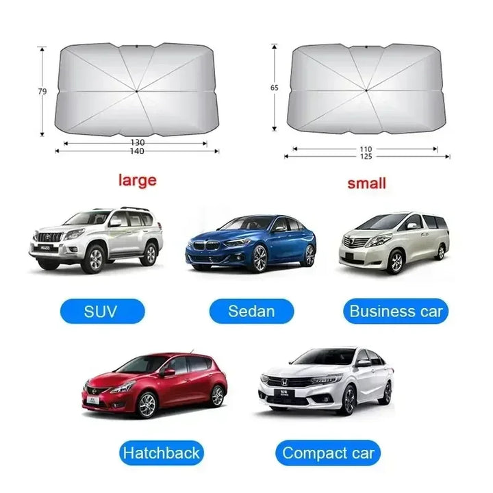 Parasol plegable para coche con protección anti-UV. Accesorio indispensable para el verano, reduce el calor interior.