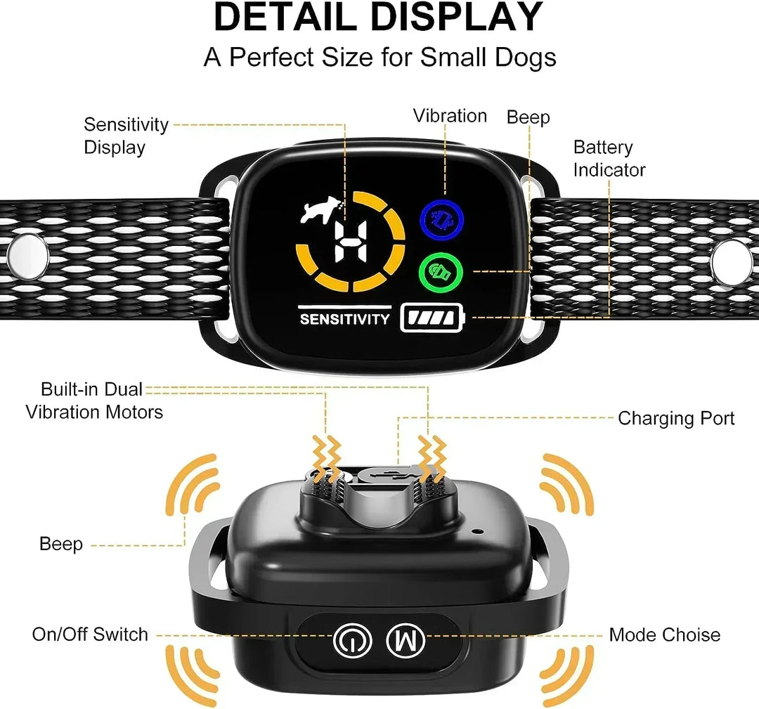 Cómodo collar antiladridos recargable para mascotas pequeñas, diseño ergonómico, sin descargas, con vibración.