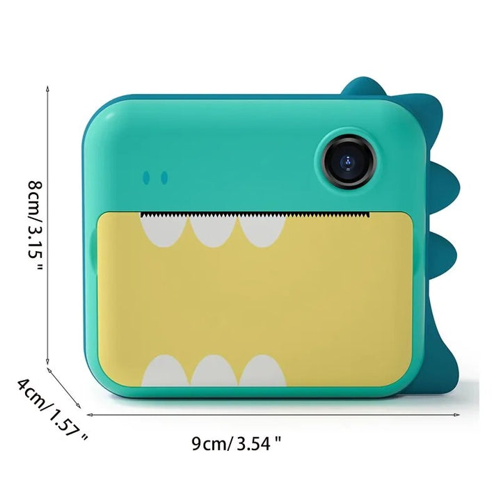 Cámara digital infantil con diseño de dinosaurio. Impresión instantánea divertida, regalo ideal para niños.