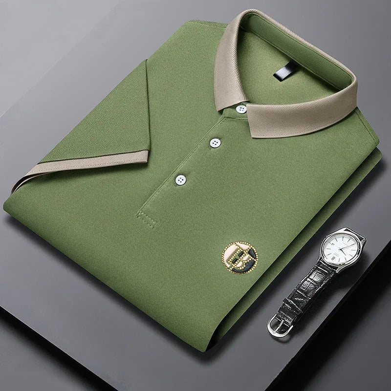 Polo para hombre de diseño moderno doble tono, prenda esencial para moda masculina elegante y casual sofisticada.