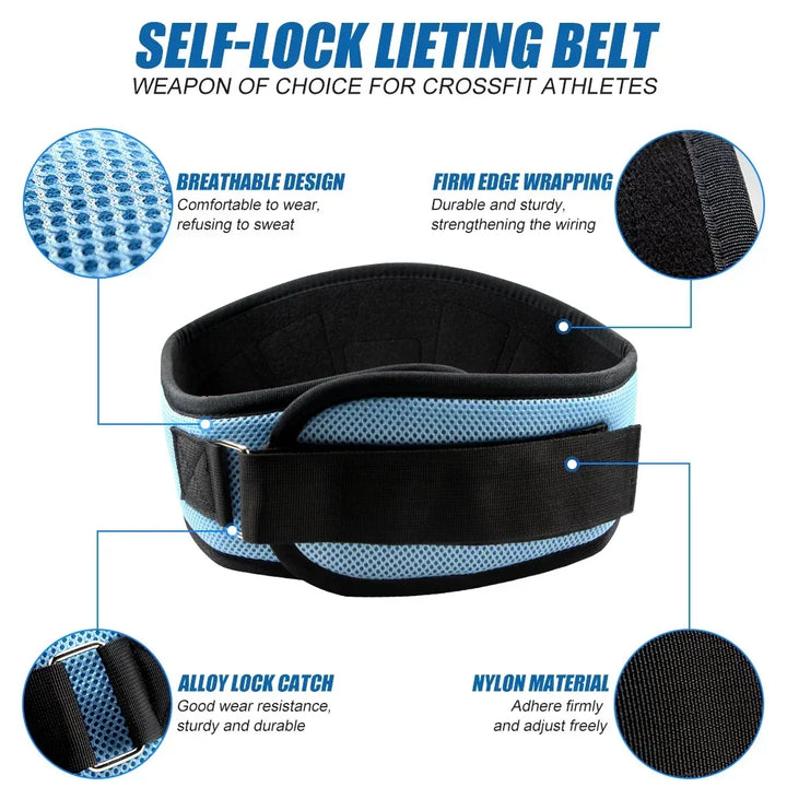 Cinturón ajustable con cierre de velcro para levantamiento de pesas, soporte lumbar ergonómico en powerlifting.