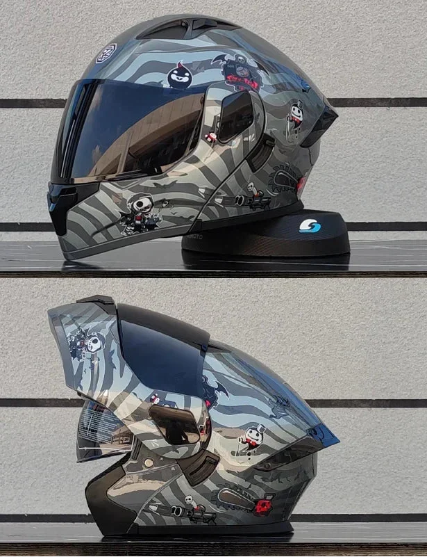 Lateral de casco integral de moto con diseño aerodinámico, doble visera y seguridad DOT.