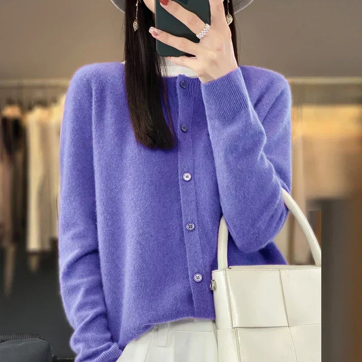Cárdigan chic y holgado para mujer, cuello redondo, un básico elegante para tu armario.