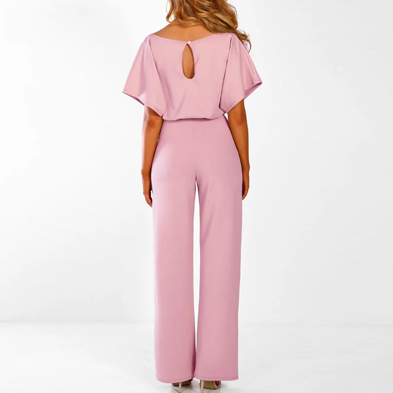 Mono elegante para eventos, con pierna ancha, cinturón y mangas cortas, realzando la figura femenina.