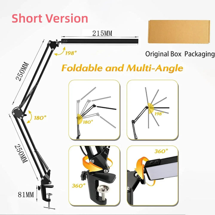 Lámpara LED con brazo flexible en oficina moderna, luz regulable para trabajo. Conexión USB práctica.
