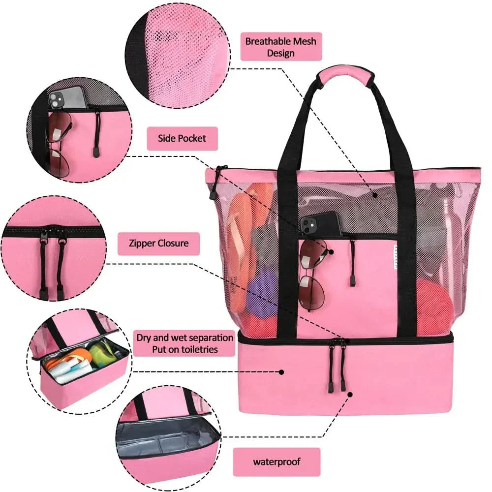 Bolsa grande de malla impermeable, perfecta para organizar artículos de playa, picnic o compras de verano.