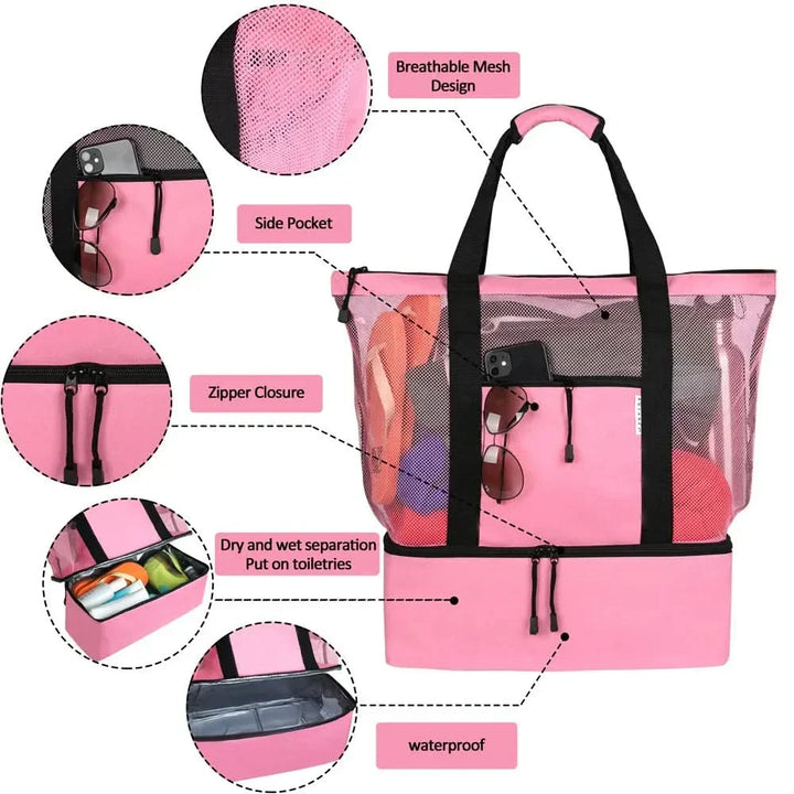 Bolsa grande de malla impermeable, perfecta para organizar artículos de playa, picnic o compras de verano.