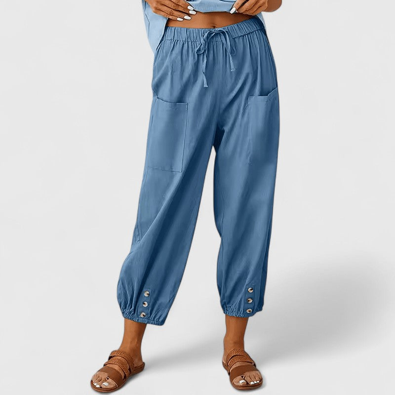 Pantalón de verano de mujer, corte ancho y transpirable, en tejido natural de lino y algodón.