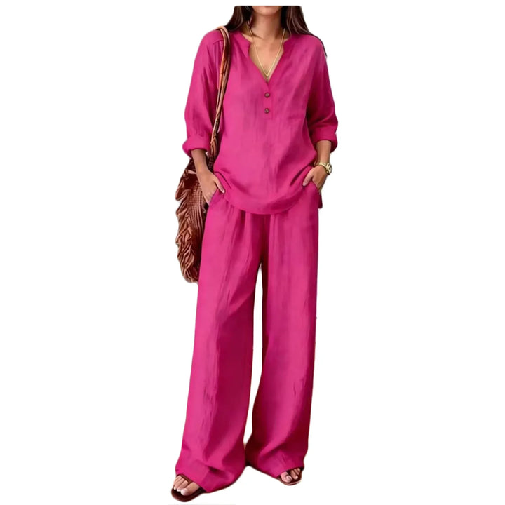 Conjunto de verano mujer, pantalón y blusa de lino y algodón. Moda casual cómoda y transpirable para el calor.