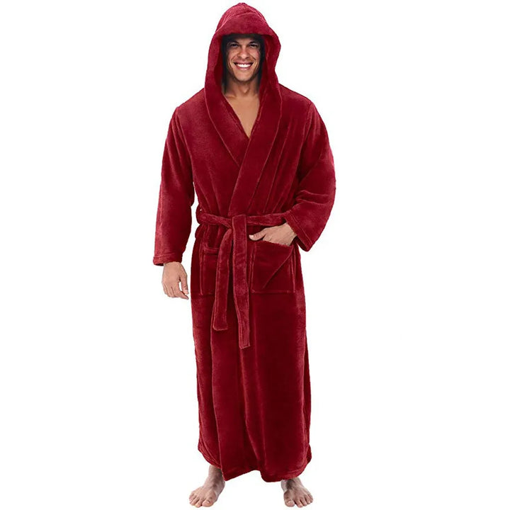 Bata de baño de hombre suave con capucha, tejido de lujo para máximo confort y calidez en casa.