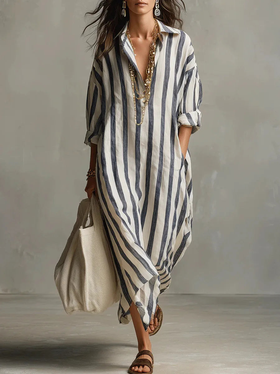 Vestido camisero largo de mujer, rayado fluido y elegante para verano.