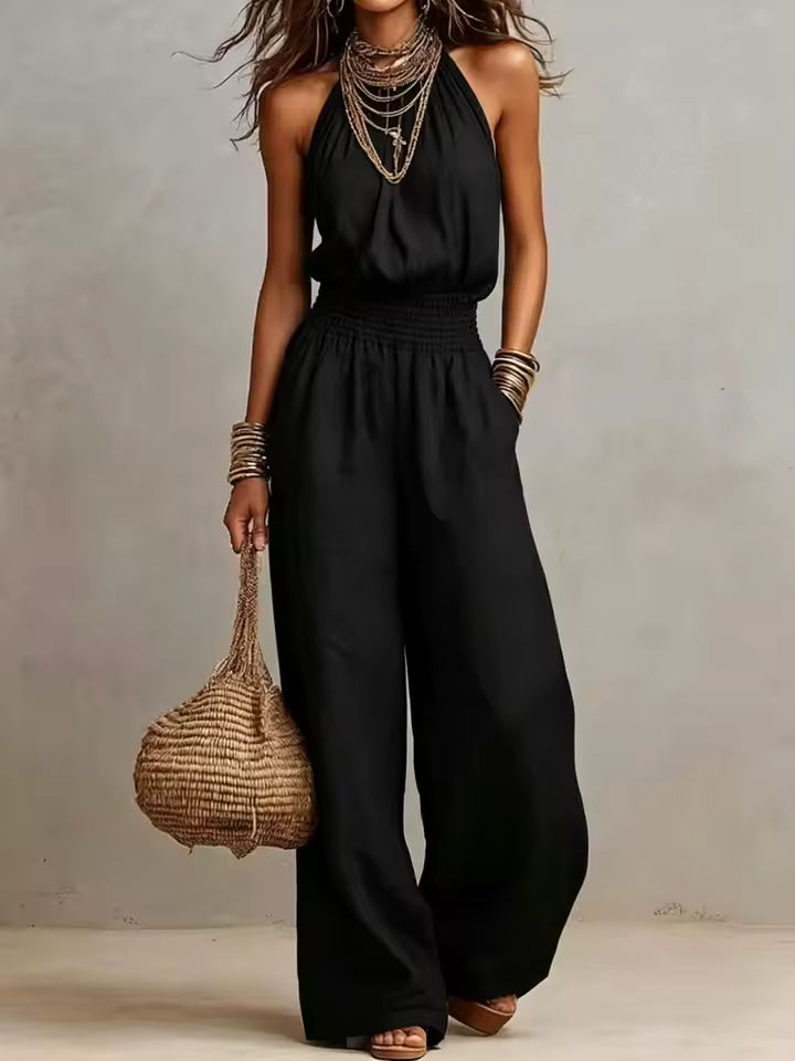 Mono elegante de verano para mujer, estilo halter, pierna ancha, espalda descubierta. Ideal para casual o fiesta.