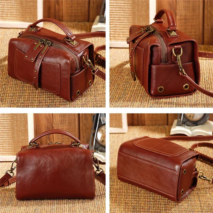 Bolso de hombro de cuero genuino para mujer, estilo Boston. Un accesorio de moda femenina con correa desmontable.