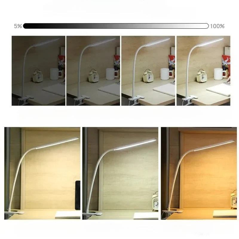 Iluminación LED de estudio con pinza y USB. Lámpara portátil con luz regulable y cuello de cisne para trabajar.