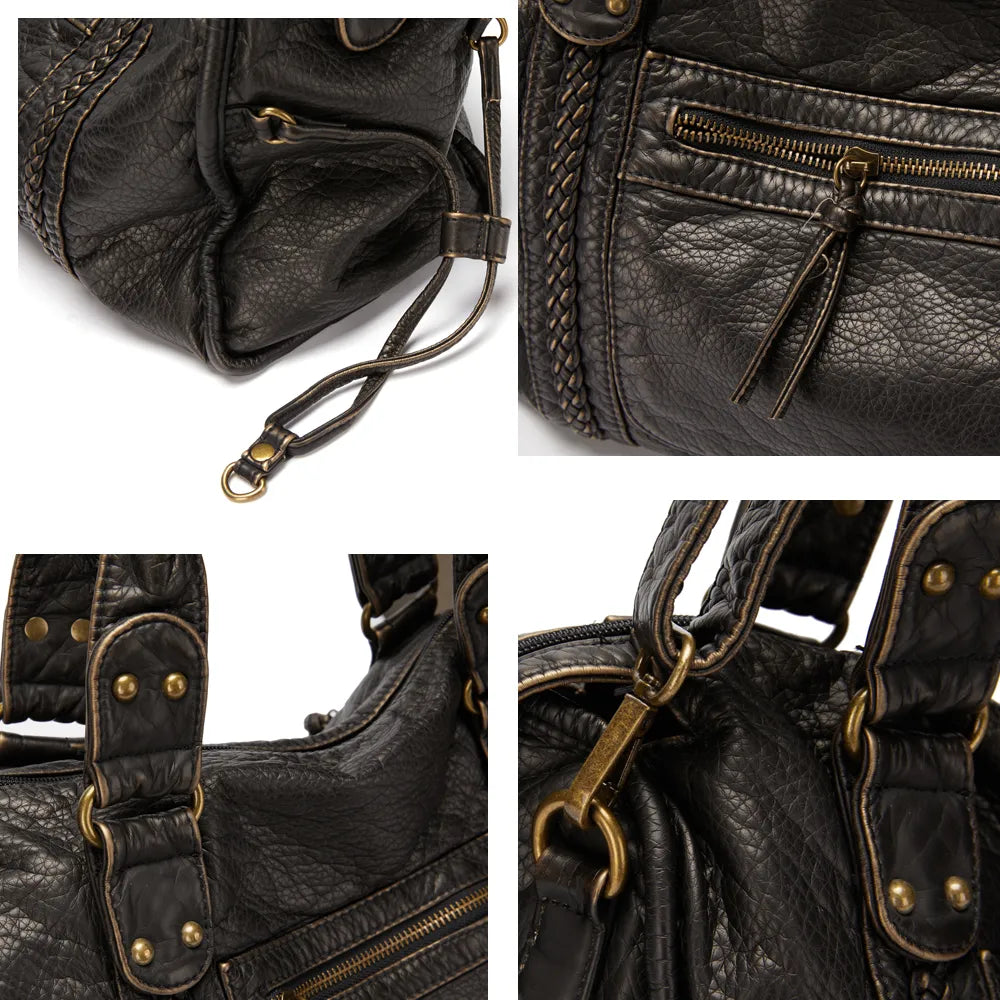 Bolso negro espacioso para mujer, estilo retro casual. Perfecto para clases y uso diario.