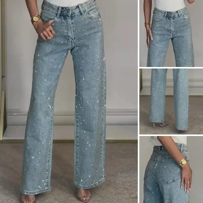 Vaqueros de mujer brillantes con pedrería y corte de pierna ancha, ofreciendo estilo y confort para diario.