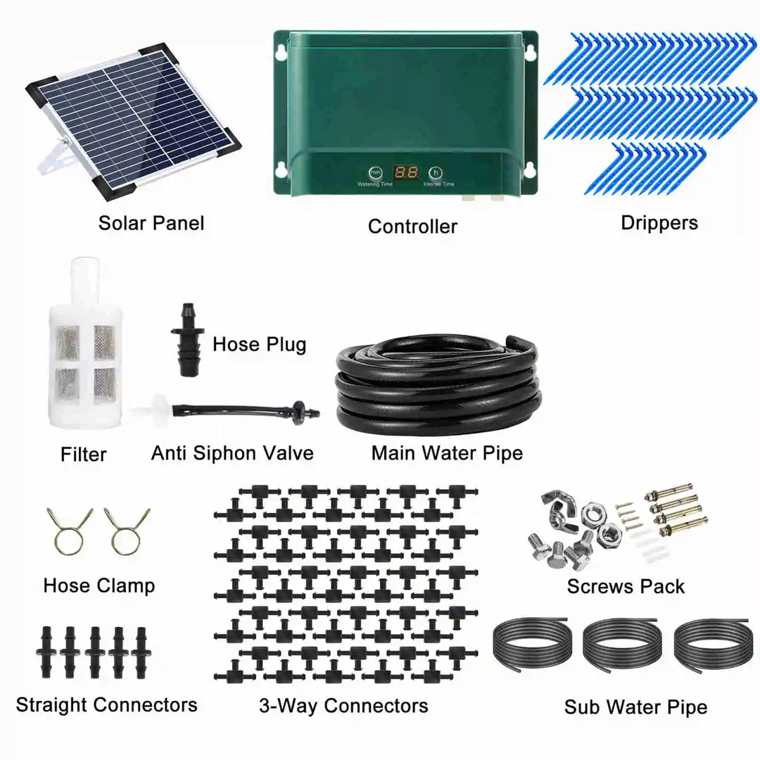 Sistema de riego inteligente y solar para un jardín sin preocupaciones. Programable y ecológico.